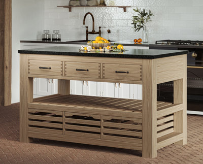 Baumhaus Kitchen Island (Oak) Three Drawer With Black Granite Top from B&Q