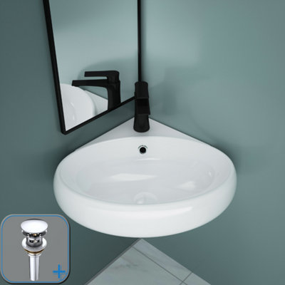 B&Q -  Ceramic Bathroom Basin-Corner Wall Hung Round Sink For Cloakroom Bathroom With Round Plug  (400 X 380 X 145mm)