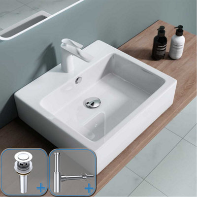 Durovin Bathrooms Ceramic Wall Hung Or Counter Top BasinSingle Tap Hole With Overflow -530X410X140mm (Wxdxh) With Popup Waste Plug&round Bottle from B&Q