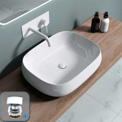 B&Q -  Ceramic Bathroom BasinCountertop Sink Rectangular Washing Bowl 560 X 440 X 155mm With Square Waste Plug