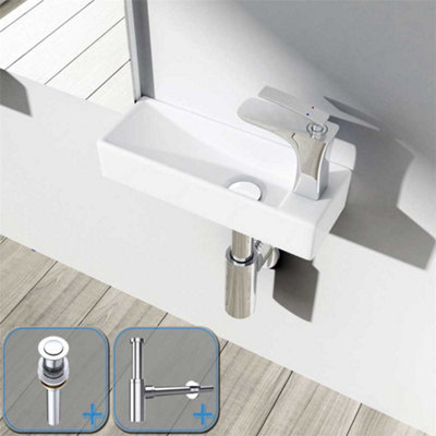 Durovin Bathrooms Wall Hung Mount Mini Ceramic  Rectangular Cloakroom Washing BasinRight Hand Tap With Popup Waste Plug&round Bottle from B&Q