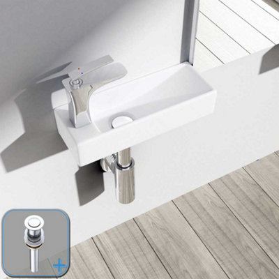 Durovin Bathrooms Wall Hung Mount Mini Ceramic  Rectangular Cloakroom Washing BasinLeft Hand Tap With Popup Waste Plug from B&Q