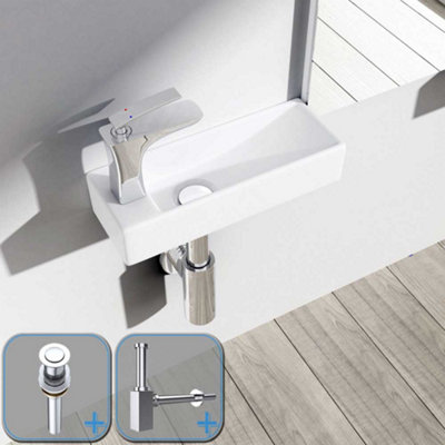 Durovin Bathrooms Wall Hung Mount Mini Ceramic  Rectangular Cloakroom Washing BasinLeft Hand Tap With Popup Waste Plug&bottle from B&Q