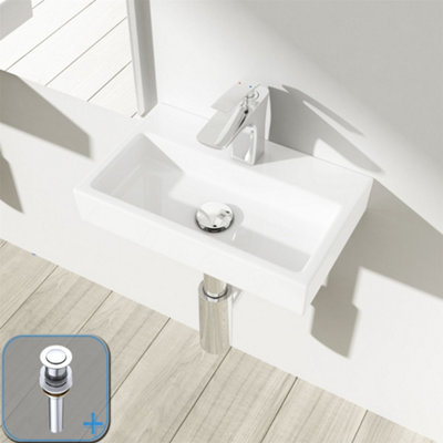 Durovin Bathrooms Compact Ceramic Wall Hung SinkRectangular Cloakroom Hand Washing BasinOne Middle Tap Hole With Popup Waste Plug from B&Q