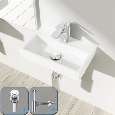 Durovin Bathrooms Compact Ceramic Wall Hung SinkRectangular Cloakroom Hand Washing BasinOne Middle Tap Hole With Popup Waste Plug&round Bottle from B&Q