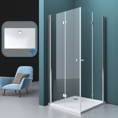 Durovin Bathrooms 900X900mm Double Bifold Doors Shower Enclosure & Anti Slip Tray Transparent L Shape 6mm Safety Glass from B&Q
