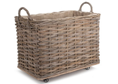 Red Hamper Ra034 Small Wheeled Rattan Hessian Lined Log Basket from B&Q