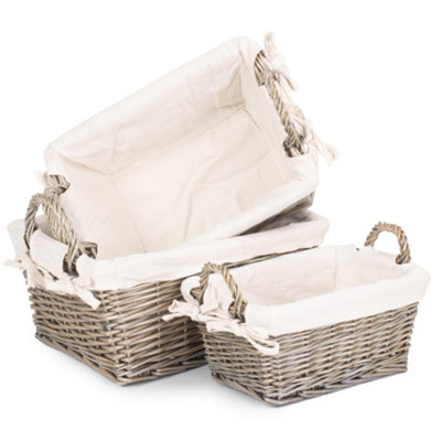 B&Q -  St055-057W Wicker Set Of 3 Antique Wash Handled Lined Storage Basket