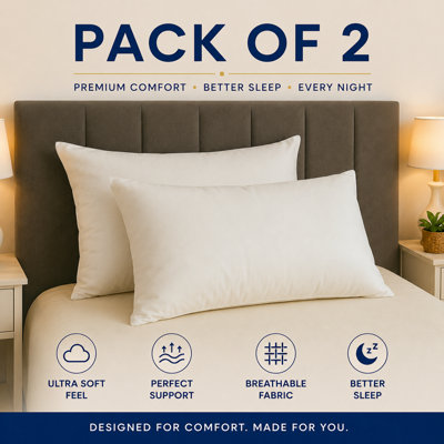 ARLinens Pack Of 2 Hollowfibre Bounce Back Pillows Anti-Allergy Hotel Quality Soft & Plump Bedding Pillows from B&Q
