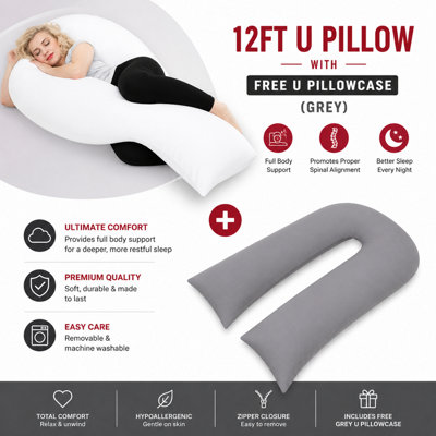 ARLinens 12Ft U Pillow With Free U Pillowcase Long Body Support For Orthopedic Pregnancy Nursing Support from B&Q