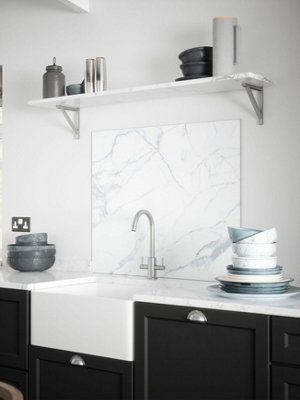 Calacatta Marble Glass Kitchen Self Adhesive Splashback 900mm X 750mm from B&Q