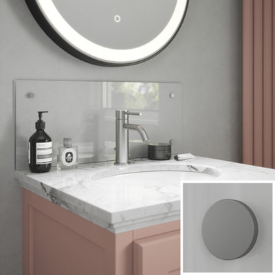 Clear Glass Pre-Drilled Bathroom Splashback With Satin Chrome Effect Caps (H)25Cm (W)60Cm from B&Q