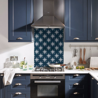 Blue and white kitchen with dark blue and white geometric effect splashback panel.
