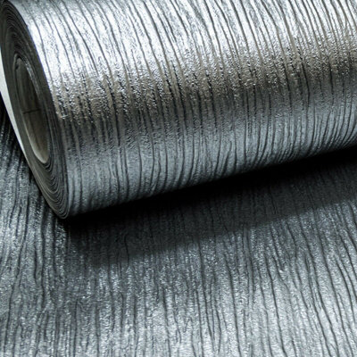 Ugepa Plain Cassiel Textured Metallic Silver Charcoal Shimmer Free Match Wallpaper from B&Q