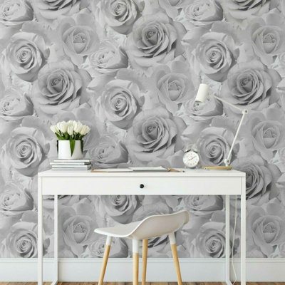 Muriva Bella Grey Flower Wall Rose Bloom 3D Effect Floral Designer Wallpaper from B&Q