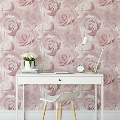 Muriva Bella Soft Pink Flower Rose Bloom 3D Effect Floral Designer Wallpaper from B&Q