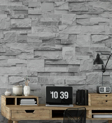 Ugepa Slate Grey Realistic Stone Brick Wall Effect Textured Wallpaper Wall Faux from B&Q