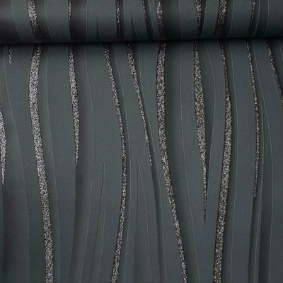Muriva Glitter Sparkle Charcoal Black Textured Wave Vinyl Feature Wallpaper 3D Glitter from B&Q