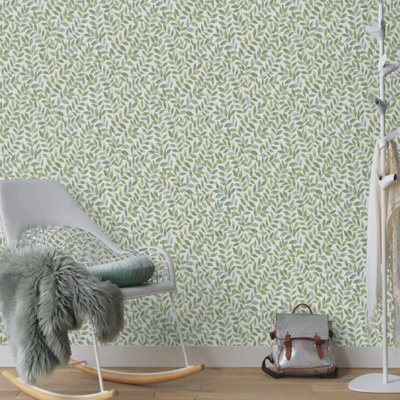 Sophie Laurence White Green Leaf Wallpaper Floral Textured Paste The Wall from B&Q