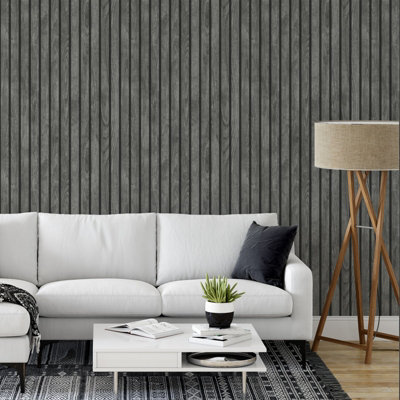 Sophie Laurence Black Wooden Slats Wallpaper Grey Textured Free Match Feature Wall from B&Q