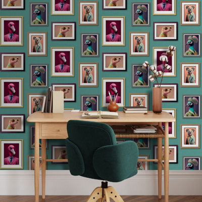 B&Q -  Teal Fantastic Animals Wallpaper Multi Fun Quirky Peacock Frogs Feature
