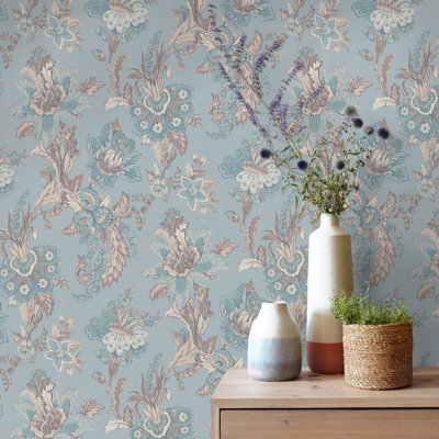 Sophie Laurence Duck Egg Floral Wallpaper Grey Cream Damask Pattern Smooth Finish from B&Q
