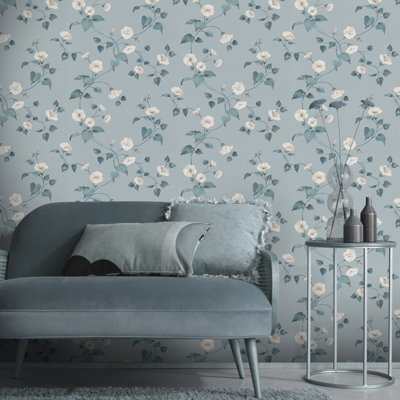 Sophie Laurence Duck Egg Floral Wallpaper Cream Flowers Smooth Finish Feature Wal from B&Q