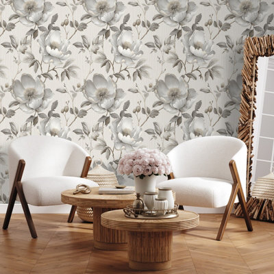 Sophie Laurence Grey Gold Floral Wallpaper Leaf Textured Metallic Shimmer Feature Wall from B&Q