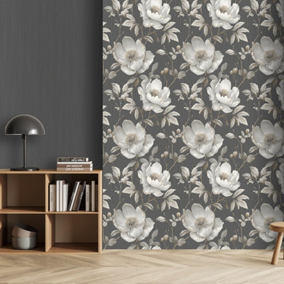 Sophie Laurence Charcoal Gold Floral Wallpaper Grey Leaf Textured Metallic Shimmer Bedroom Feature Wall from B&Q