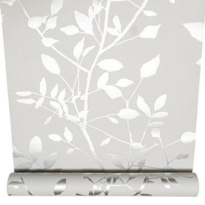 Sophie Laurence Pale Grey Floral Wallpaper Silver Metallic Shimmer Paste The Wall from B&Q