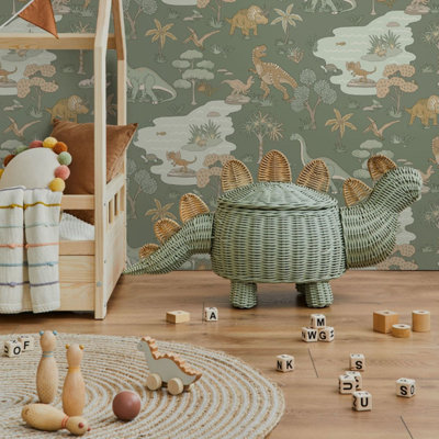 Sophie Laurence Kids Green Dino Wallpaper Dinosaurs Snakes Frogs Feature Wall Playroom Bedroom from B&Q