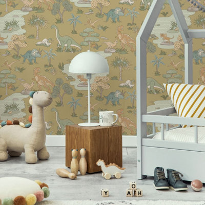 Sophie Laurence Kids Ochre Dino Wallpaper Dinosaurs Snakes Frogs Feature Wall Playroom Bedroom from B&Q