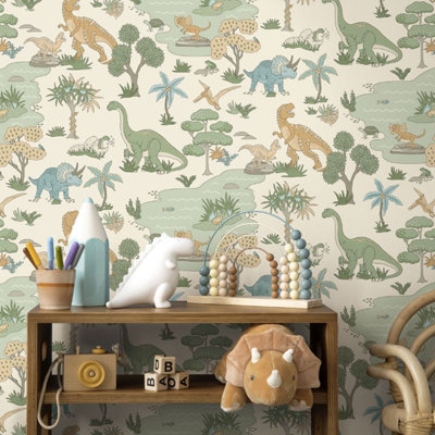 Sophie Laurence Kids Cream Dino Wallpaper Multi Dinosaurs Snakes Frogs Feature Bedroom Playroom from B&Q