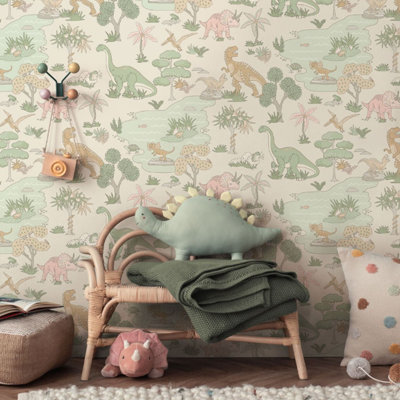 Sophie Laurence Kids Pink Dino Wallpaper Sage Beige Dinosaurs Snakes Frogs Feature Wall Bedroom from B&Q
