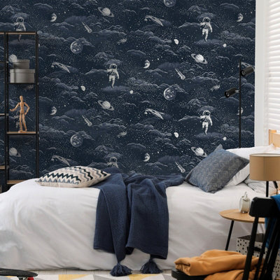 Blue Silver Space Wallpaper Metallic Astronauts Moon Stars Kids Feature Bedroom - Image 3