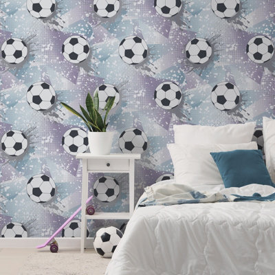 Sophie Laurence Lilac Football Frenzy Wallpaper Silver Metallic Shimmer Kids Bedroom Playroom from B&Q