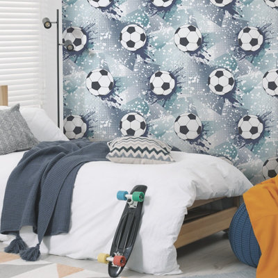 Sophie Laurence Navy Football Frenzy Wallpaper Teal Boys Kids Bedroom Playroom Feature Wall from B&Q