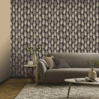 Sophie Laurence Charcoal Glam Feather Wallpaper Metallic Gold Shimmer Black Cream Leaf Feature Wall from B&Q
