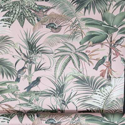 Sophie Laurence Tropical Birds Pink Blush Green Jungle Feature Wallpaper from B&Q