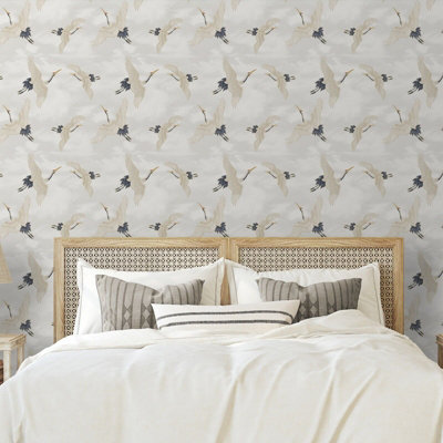 Muriva Oriental Japanese Birds Cranes White Blue Metallic Silver Feature Wallpaper from B&Q