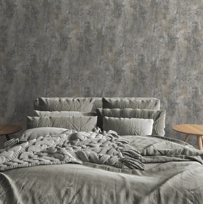 Muriva Plain Charcoal Distressed Stone Concrete Effect Cove Texture Wallpaper Grey