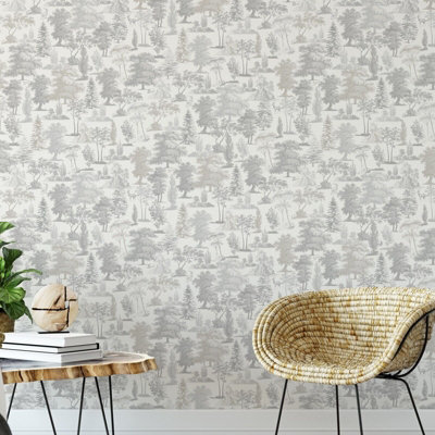 Muriva Oakley Woodland Taupe Trees Forest Countryside Animals Stag Feature Wallpaper from B&Q