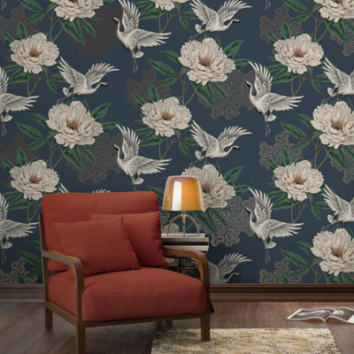 Sophie Laurence Navy Flying Cranes Wallpaper Metallic Geometric Shimmer Pale Pink Peonies Floral Feature Wall from B&Q