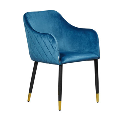 Life Interiors Blue/Black/Gold Single Verona Velvet Dining Chair With Quilted Back & Legs - Modern Accent Chair With Foot Tips