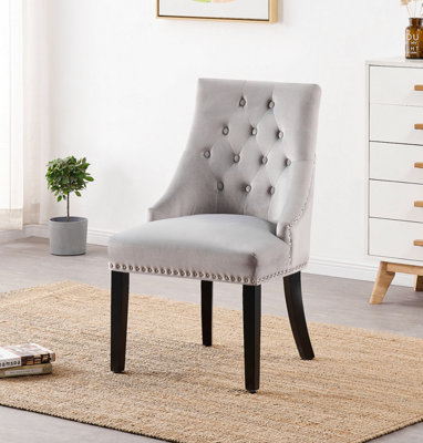 B&Q -  Light Grey Windsor Luxury Velvet Dining Chair Ergonomic Scoop Knockerback & Button Tufted With Black Solid Wood Legs