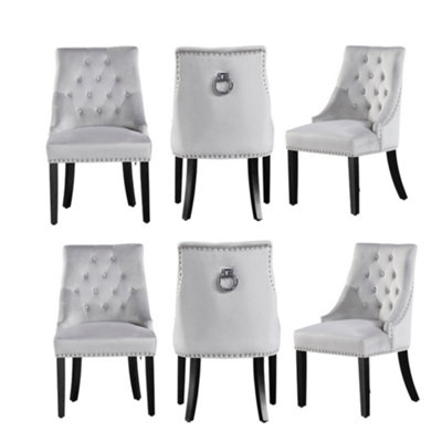 B&Q -  Set Of 6 Light Grey Velvet Dining Chairs Ergonomic Scoop Knockerback & Button Tufted Wood Legs