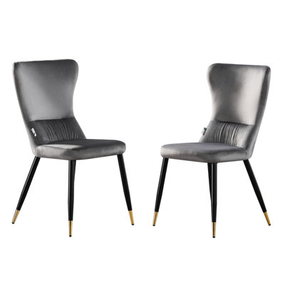 B&Q -  Set Of 2 Grey New York Modern Velvet Dining Chairs With High BackBlack Metal LegsAnd Gold  Tips