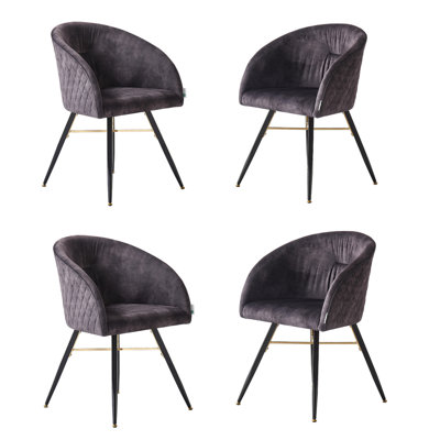 Life Interiors Set Of 4 Vittorio Velvet Dining Chairs With Metal Legs, Quilted Design Modern Accent Chair Black