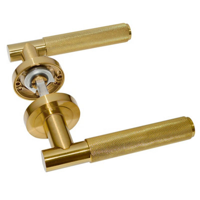Z720 Knurled Lever Rose Door HandleSatin BrassHandlestore from B&Q