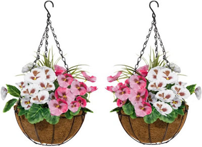 GreenBrokers 2 X Coco Coir Hanging Baskets With Pink And White Flowers And Decorative Grasses (Set Of 2) from B&Q